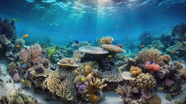 A picture of a coral reef with a fish swimming in the water.