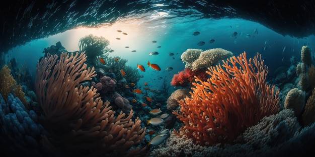 A picture of a coral reef with fish swimming in the water.