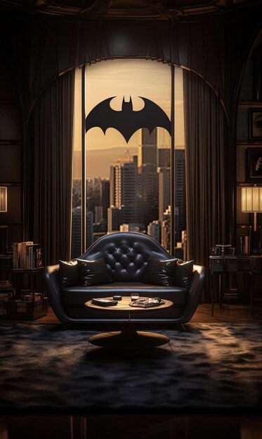 a picture of a couch with a batman sign on the wall
