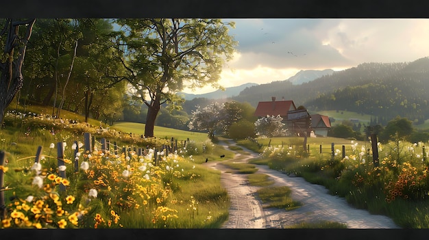 a picture of a country road with a house and trees in the background