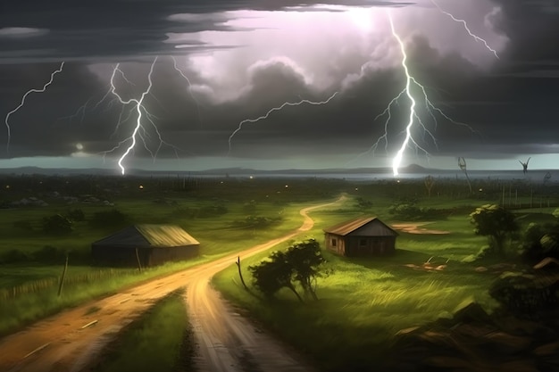 A picture of a country road with a lightning storm in the background.