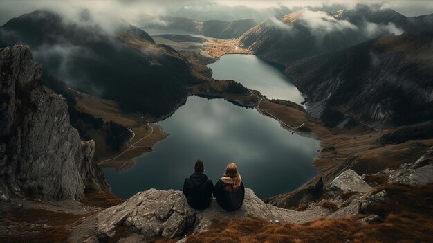 Изображение пары на вершине горы, смотрящей на заснеженное озеро Креативный ресурс Создано AI