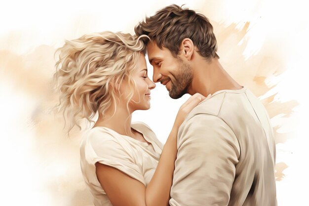 picture of couple in love over beige background with paint splashes