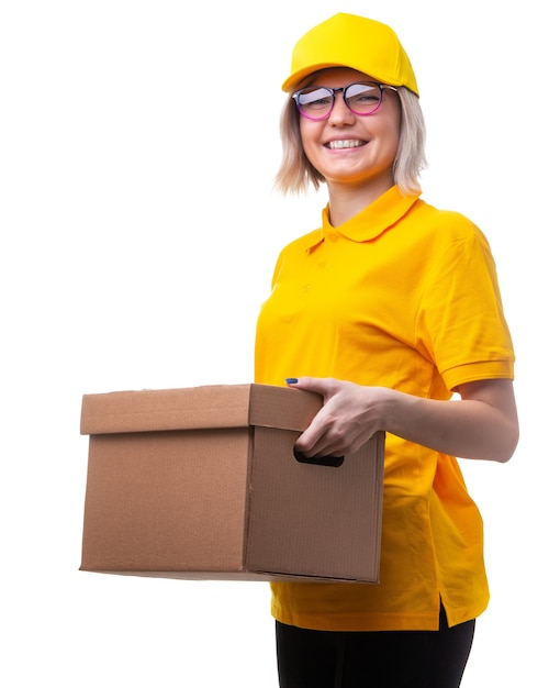 Picture of courier woman with glasses and yellow tshirt with cardboard box in her hands