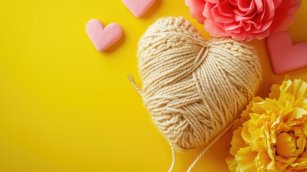 Foto un'immagine di un cuore carino fatto a crochet sullo sfondo giallo