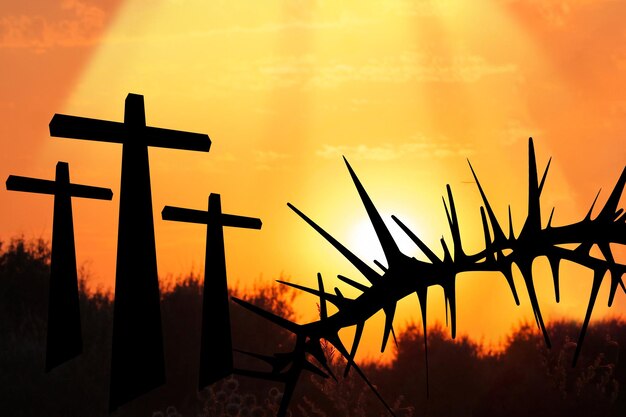 A picture of crosses with the sun behind them