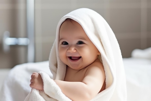 Picture of cute baby girl laughing in a white towel generative AI