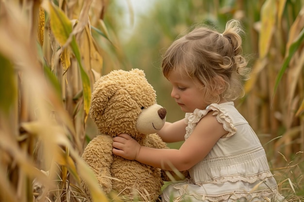 A picture of a cute little girl playing with her teddy bear in a cornfield