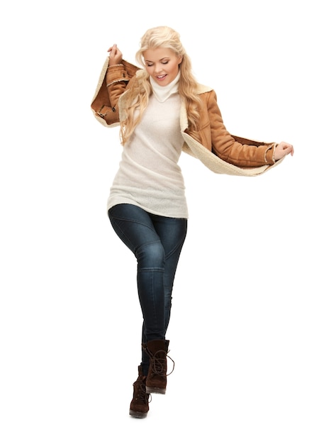 picture of dancing woman in sheepskin jacket