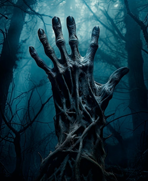 a picture of a dark gloomy forest with a spooky hand reaching out in the dark sky