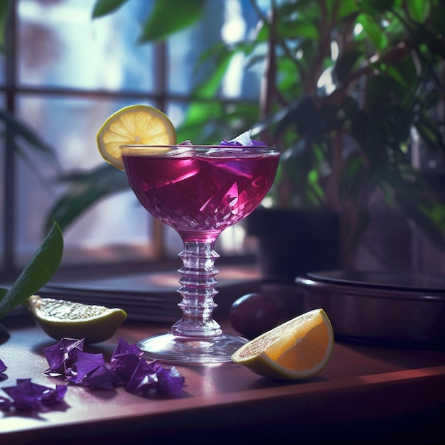 Picture of a dark purple cocktail summertime Coctelery bar