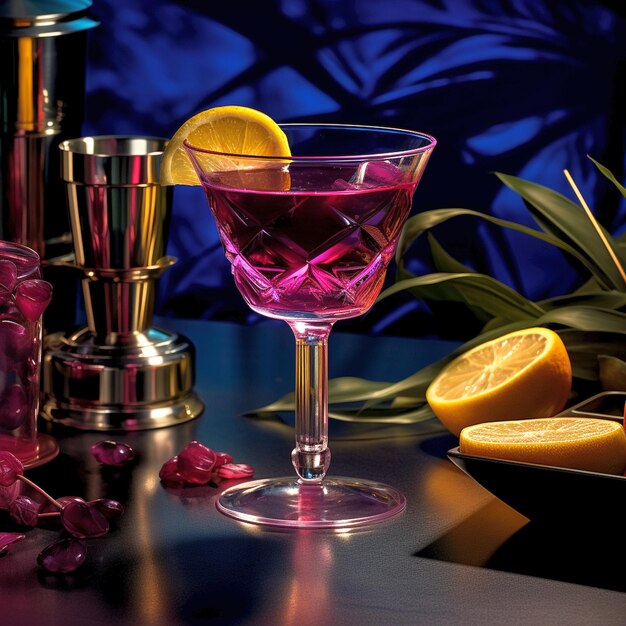 Picture of a dark purple cocktail summertime Coctelery bar