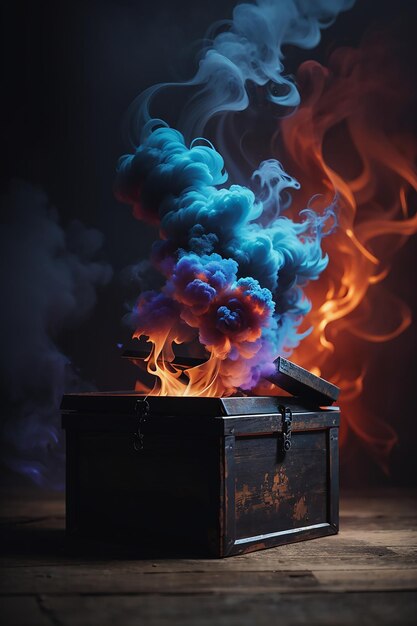 picture of a dark room and a dark smoke close up on mystery box colorful background