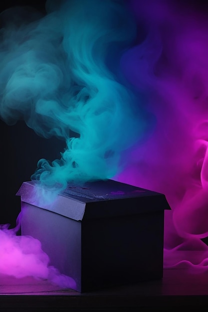 Изображение темной комнаты и темного дыма крупным планом на красочном фоне загадочной коробки