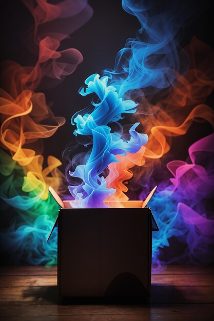 picture of a dark room and a dark smoke close up on mystery box colorful background