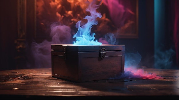 picture of a dark room and a dark smoke close up on mystery box colorful background