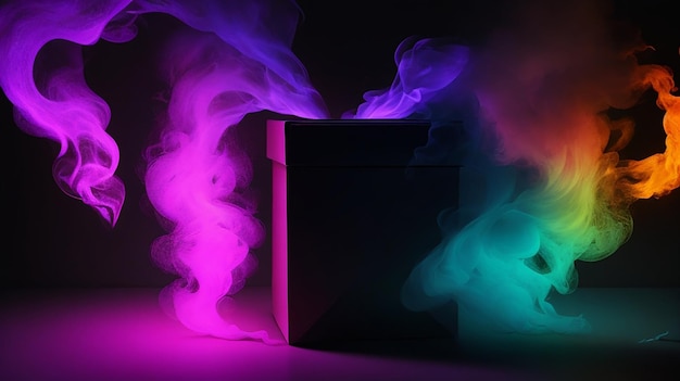 Picture of a dark room and a dark smoke close up on mystery box colorful background