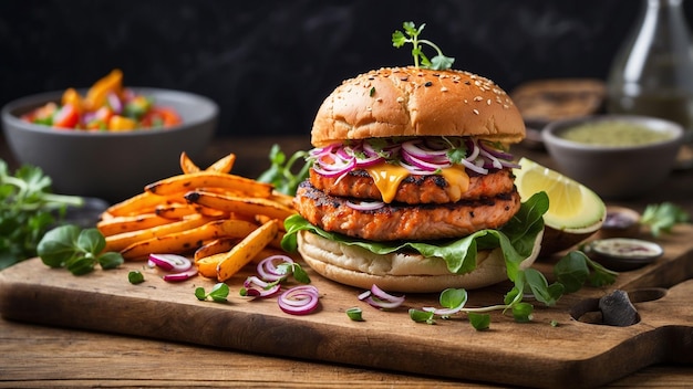 a picture of a delectable salmon burger creation presented on a weathered wooden surface showcasing
