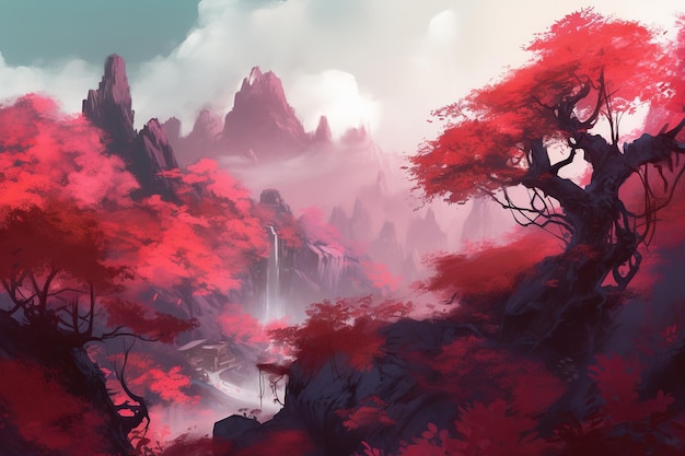 a picture depicting a crimson woodland with a waterfall in it