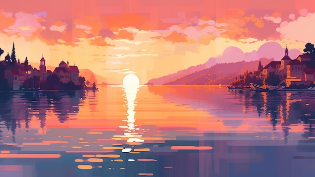 a picture depicting the setting sun over a body of water