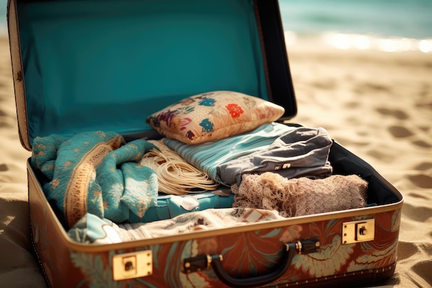 A picture describing the suitcase and its contents arranged in the style of going on vacation