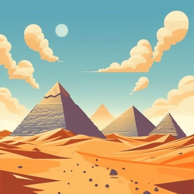 a picture of a desert scene with three pyramids and a moon generative ai