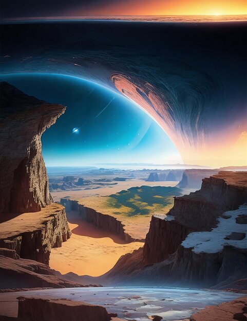 a picture of a desert with a blue sky and a planet in the background