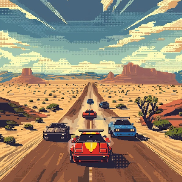 背景に車や山がある砂漠の写真