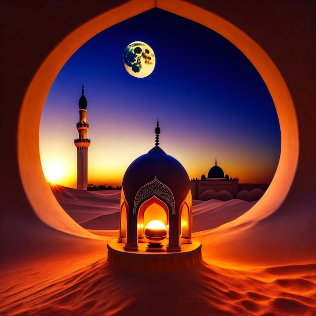 A picture of a desert with a moon and a mosque in the background