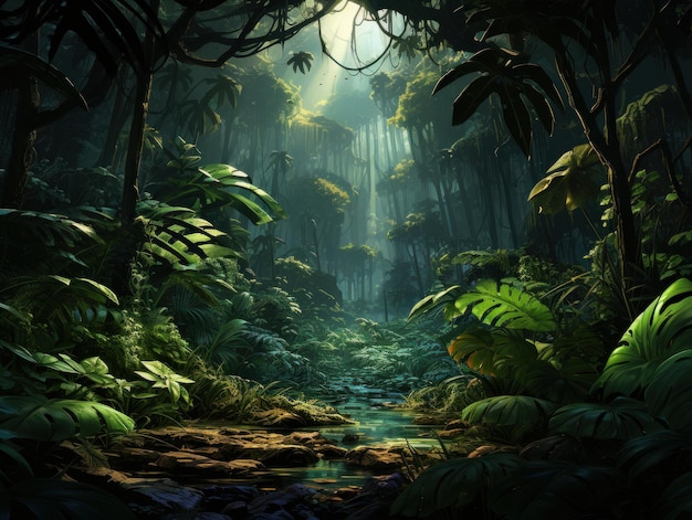 Picture a digital painting featuring detailed jungle leaves as gaming assets