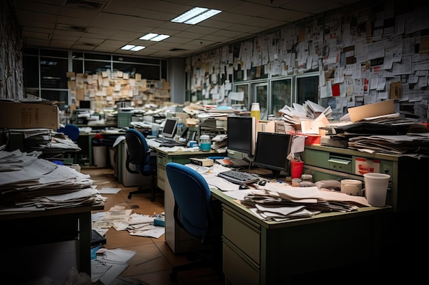 Картина темного рабочего места, заполненного многими документами, после того, как сотрудники уходят с работы.