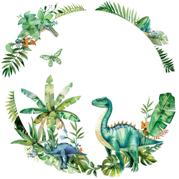 a picture of a dinosaur with a circle of leaves and flowers