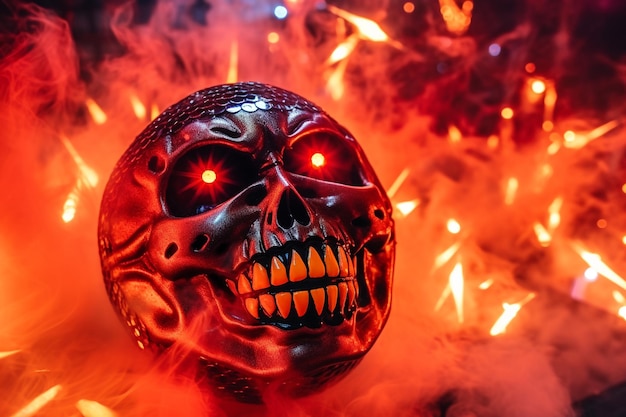 A picture of a disco ball in the shape of a pumpkin face hanging in a nightclub filled with smoke and blurry lights