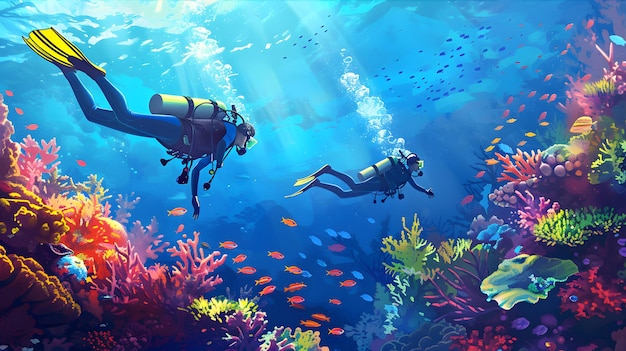 a picture of a diver and some colorful fish
