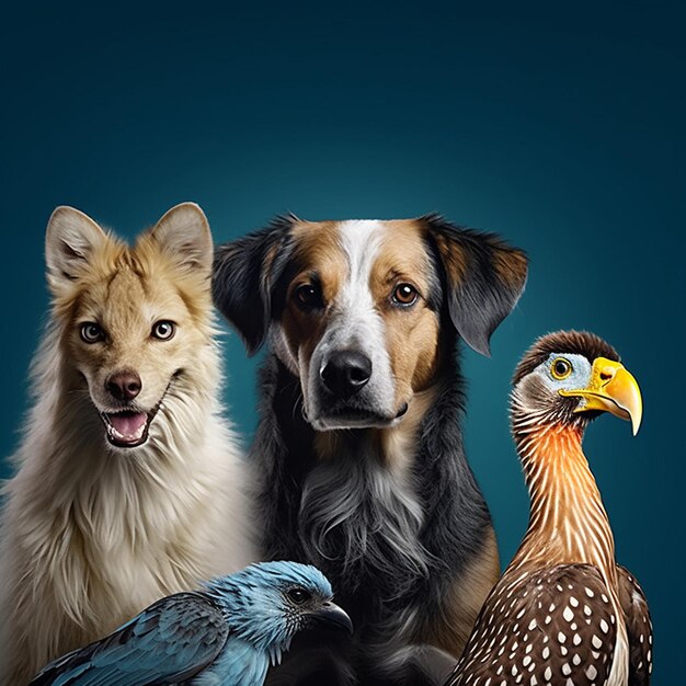 Photo a picture of dogs and a bird with a blue background.