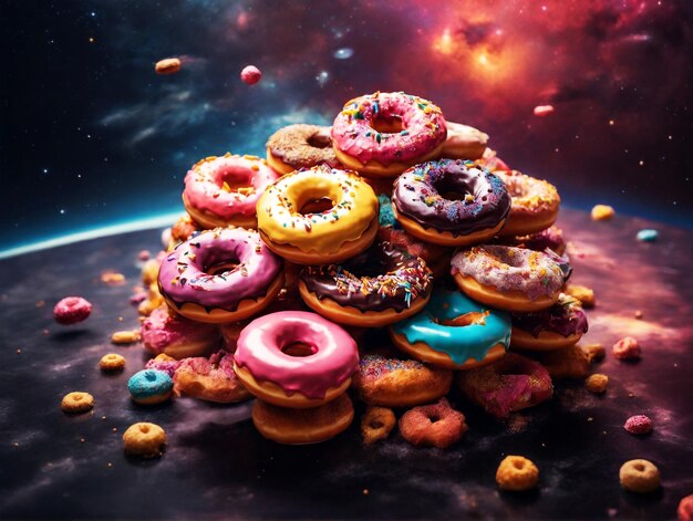 Photo a picture of donuts with the planet in the background ai generated image