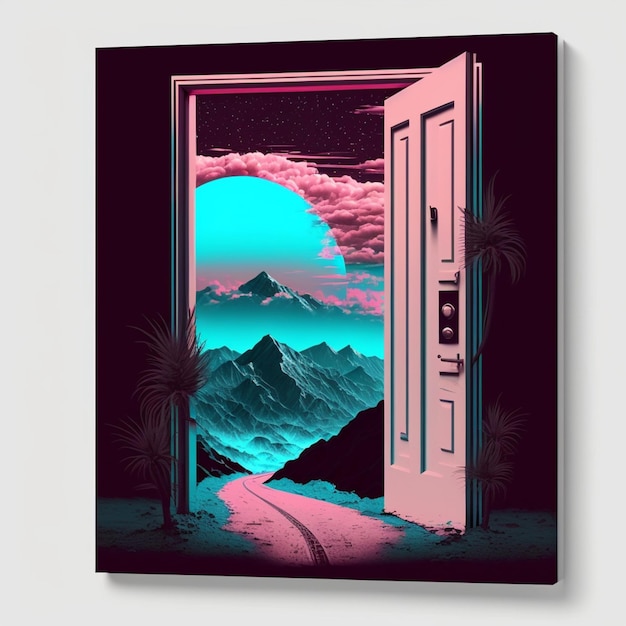 A picture of a door with a mountain view in the background generative ai