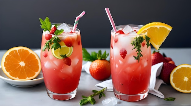 A picture of a drink with strawberries and lemon