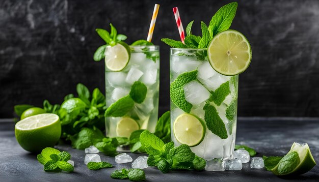 Photo a picture of drinks with ice and mint leaves