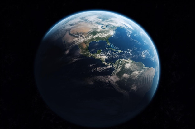 Изображение земли из космоса с сияющим на ней солнцем.