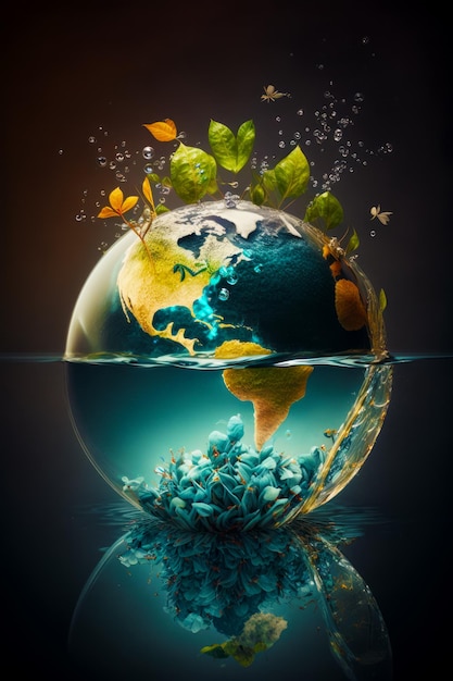 Picture of the earth in the water with leaves floating on top of it Generative AI