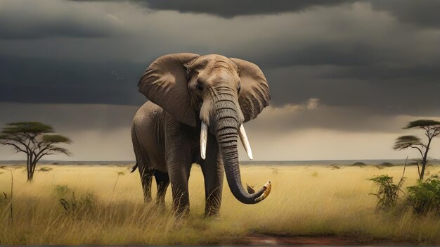 a picture of an elephant with a dark sky behind it