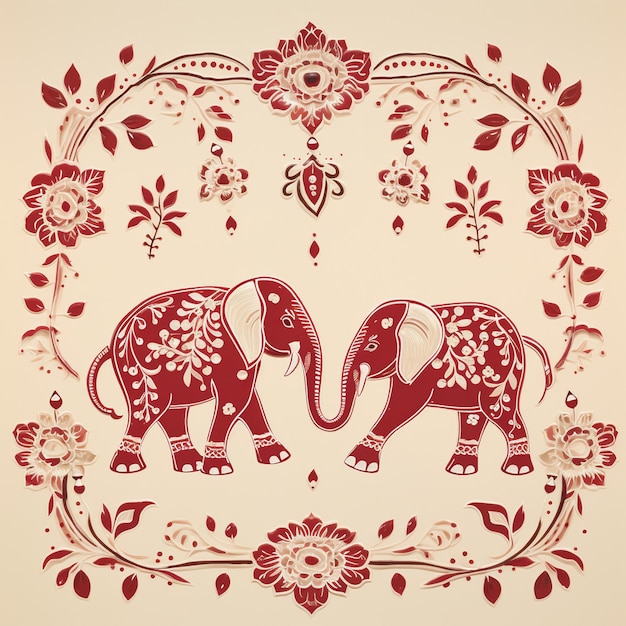 a picture of an elephant with flowers and an elephant.