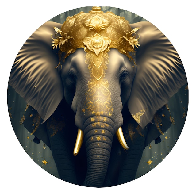 A picture of an elephant with gold decorations on it