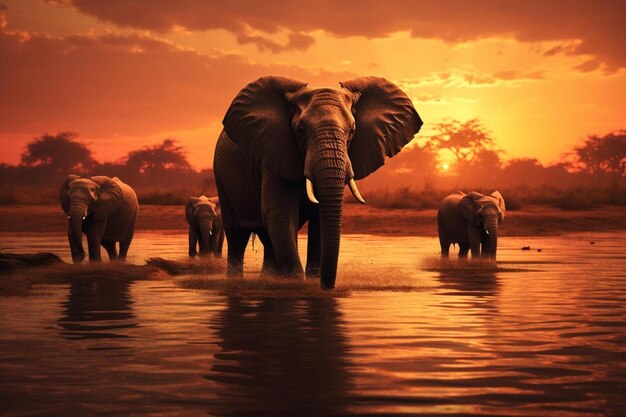 Photo a picture of elephants in the water with the sunset behind them