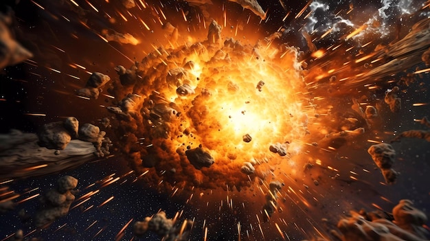 A picture of a explosion with a planet and a explosion on it