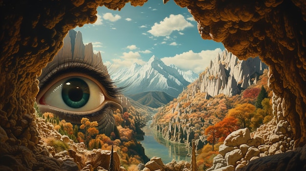 a picture of an eye with a mountain in the background