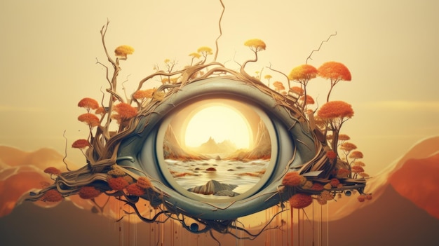 Photo a picture of an eye with picture of a landscape inside ai