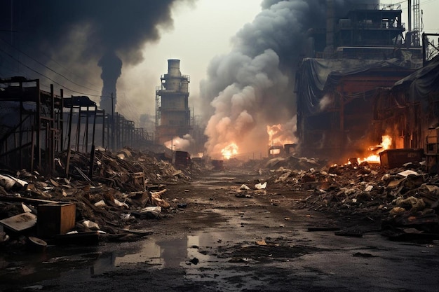 Картина фабрики с горящим зданием на заднем плане.