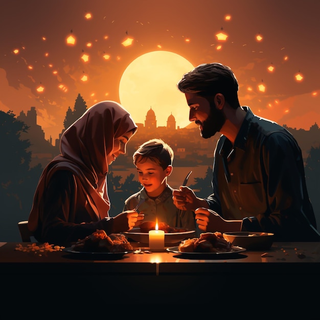 a picture of a family eating food with a sunset in the background